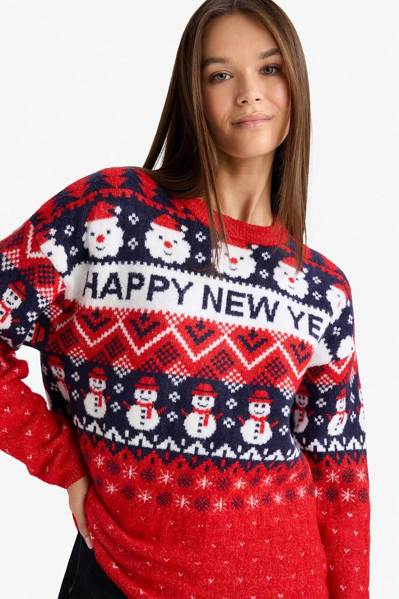 DeFacto Red Woman Christmas Themed Regular Fit Color Block Pullover Casual - Image 5